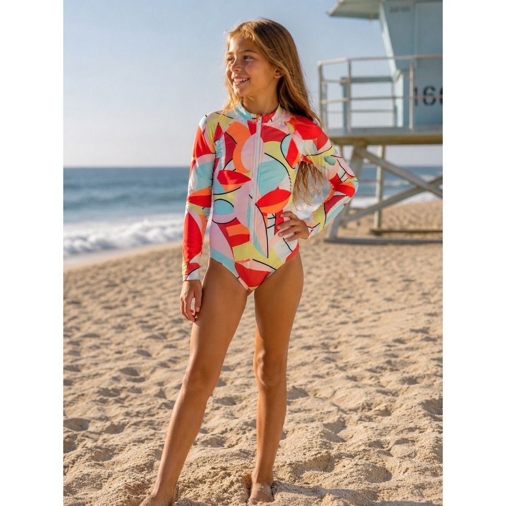 Wonder Nation Girls Rash Guard One Piece Swimsuit UPF Zip Front L‎ 10-12